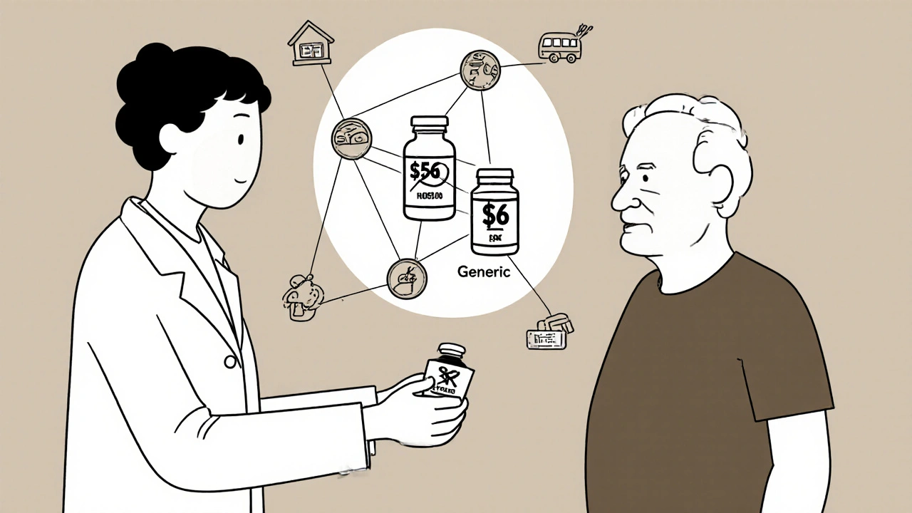 A pharmacist hands a low-cost generic pill to an elderly patient, with price comparison icons above.