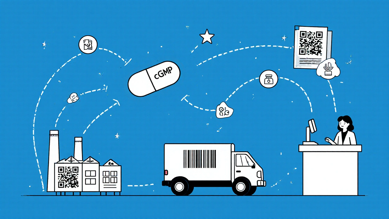 A pill&#039;s journey from factory to pharmacy, connected by a single line with SQUIPP icons.