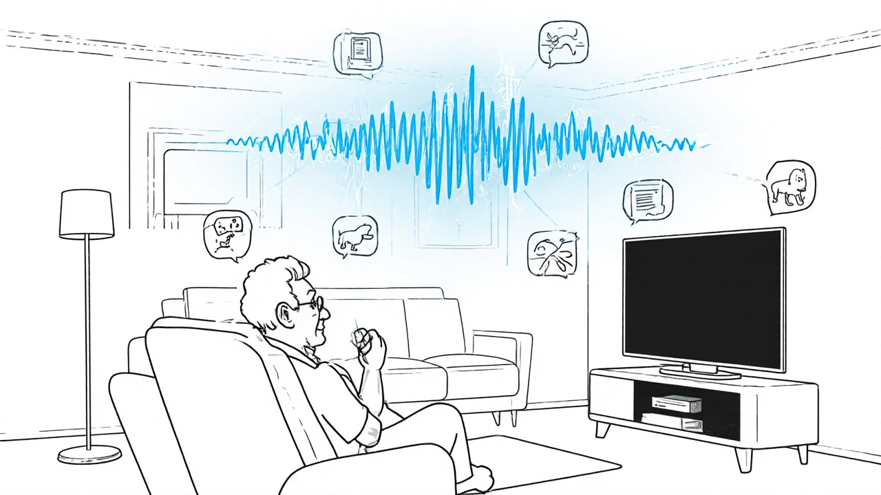 A senior person watching TV as AI automatically adjusts their hearing aids, with visual noise filters removing environmental sounds.