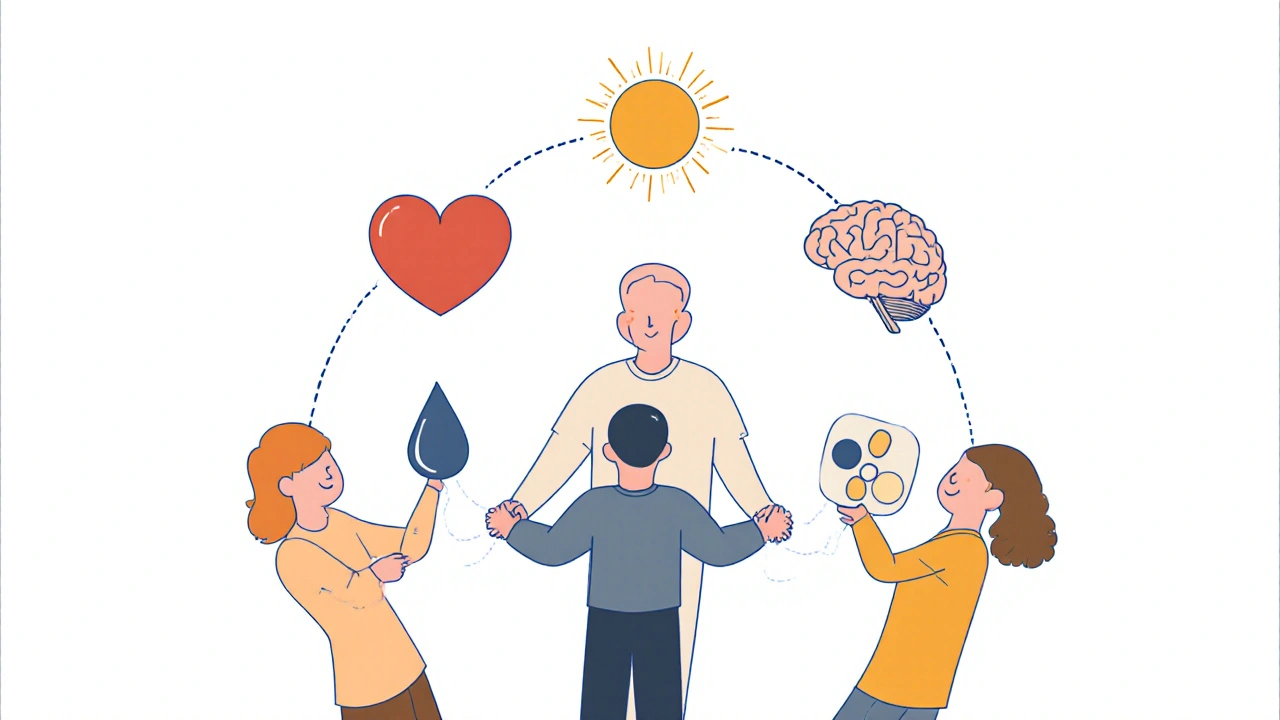 A team of clinicians holding hands around a patient, each holding symbols of mental health and addiction treatment.