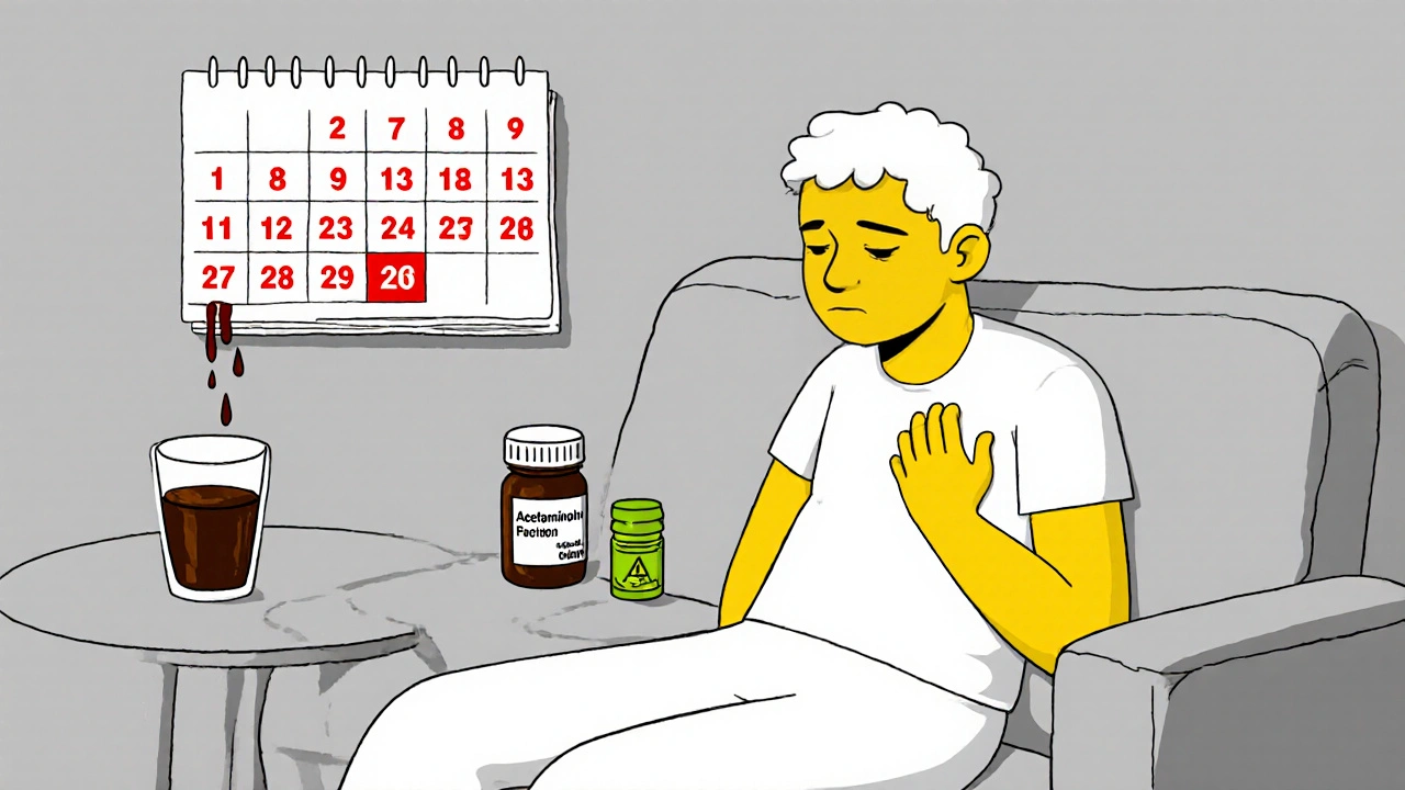 A tired person with yellow skin holding painkillers, dark urine nearby, in minimalist line art.