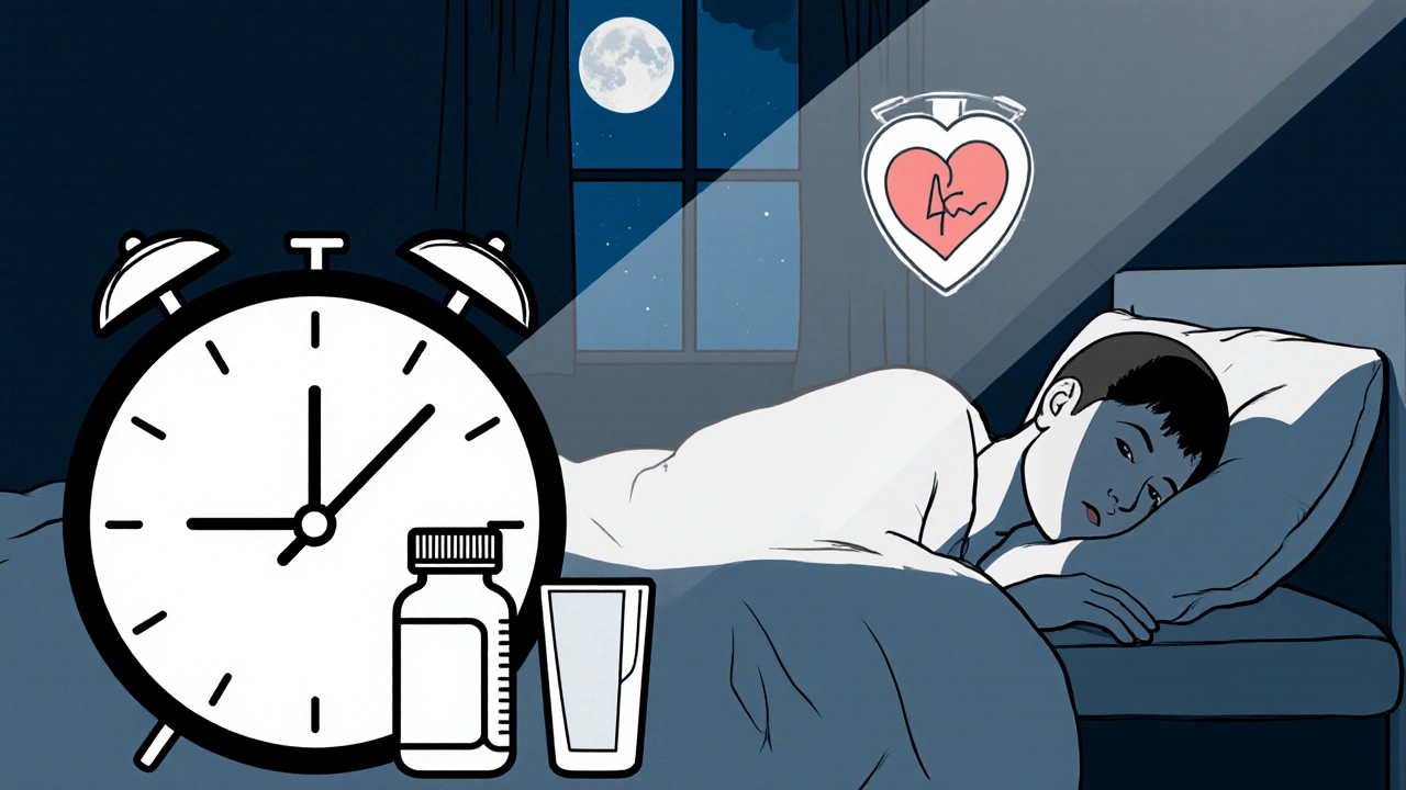 Alarm clock at 4:30 a.m. with pill bottle, moonlight, and medical icons.