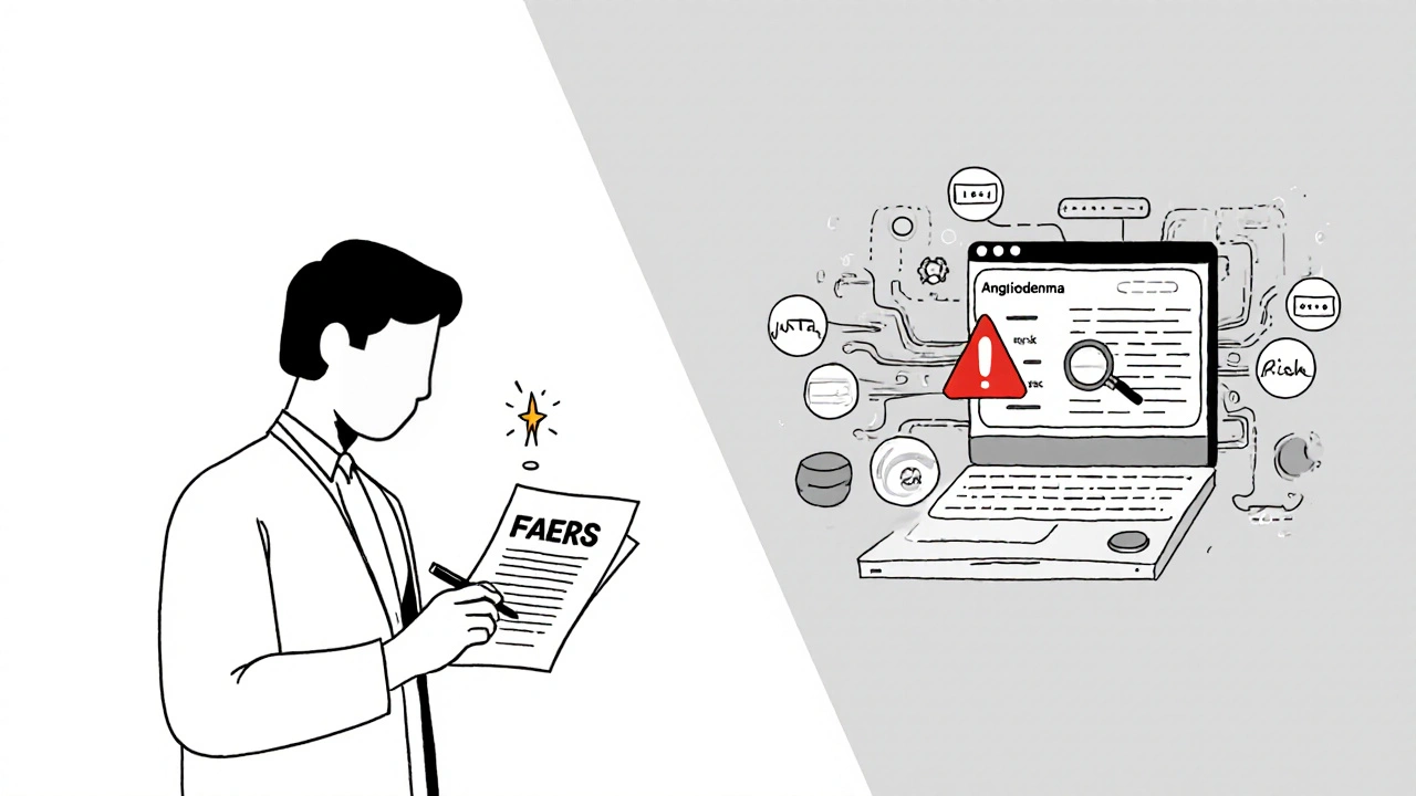 Contrasting scenes: old paper reporting vs. digital surveillance system detecting drug risks with machine learning.
