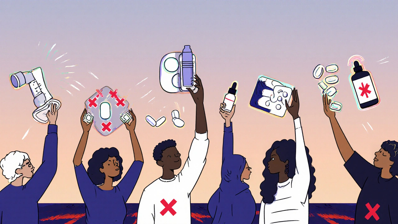 Diverse people holding inhalers and patches, pills marked with red crosses.