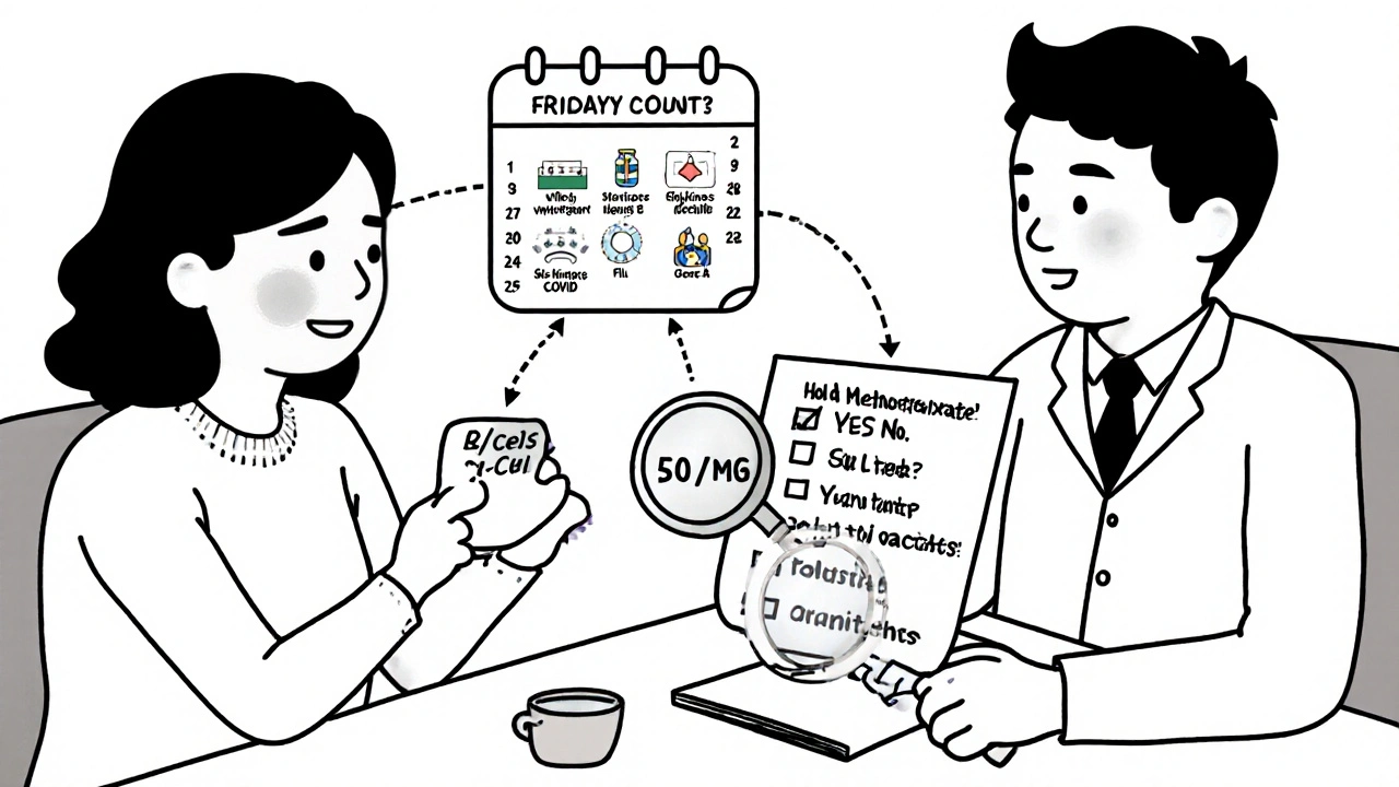 Doctor and patient reviewing a personalized vaccine and medication schedule with B-cell monitor and checklist.