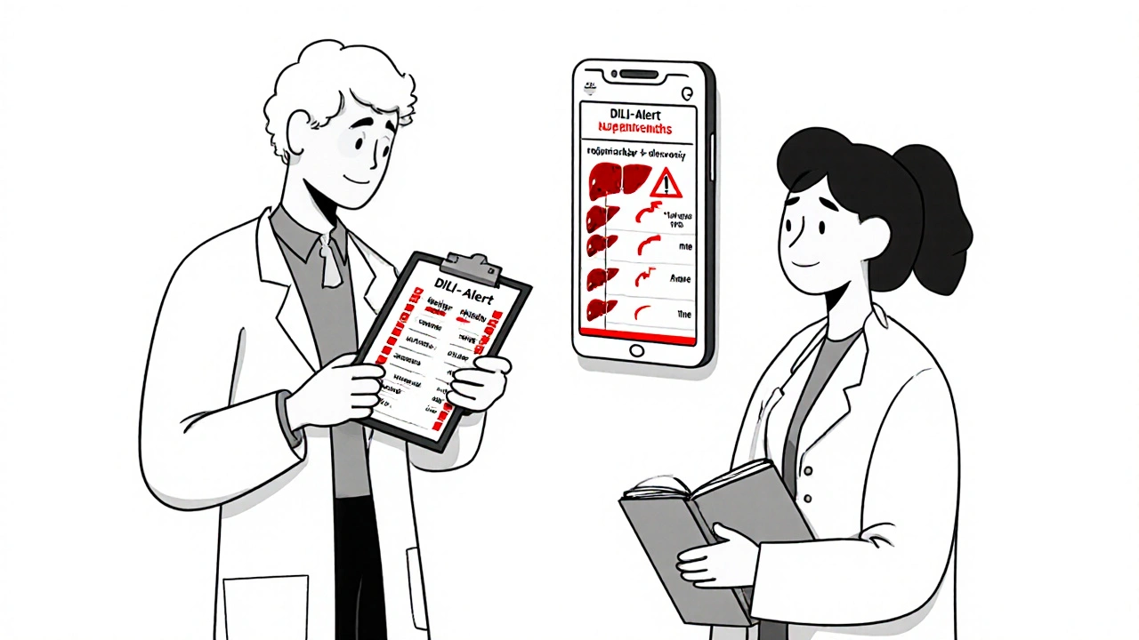 Doctor and patient reviewing blood tests and a medication log with a DILI-Alert app on phone.