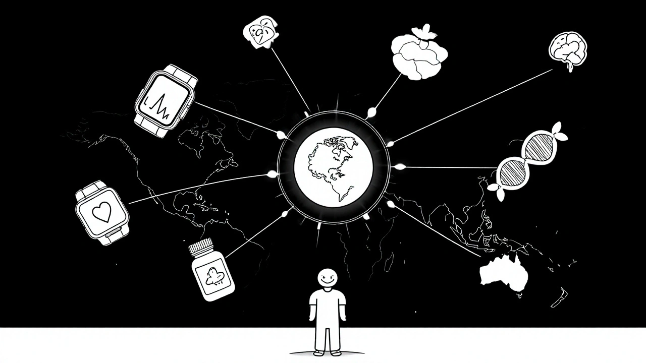 Futuristic health dashboard with wearables, pills, and global links connected to an AI brain, symbolizing real-time safety monitoring.