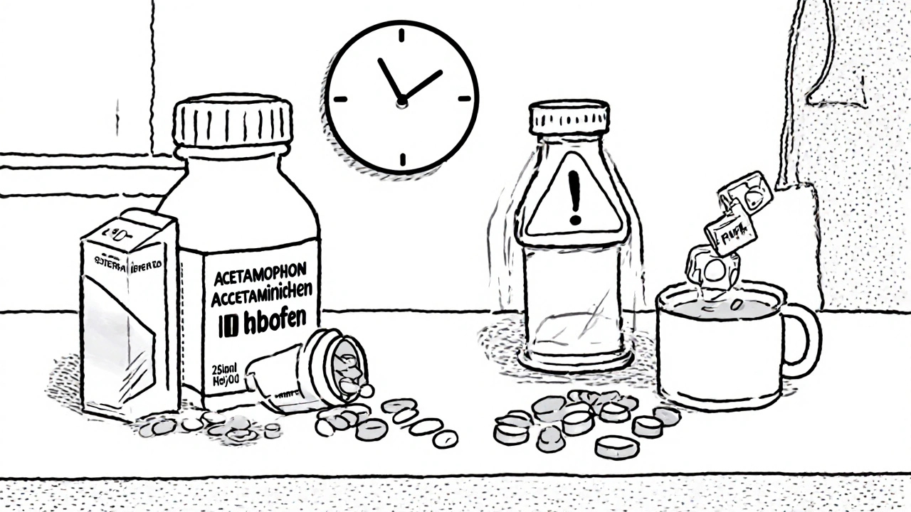 Kitchen counter with acetaminophen and ibuprofen pills spilling, cold medicine box, and warning symbol.