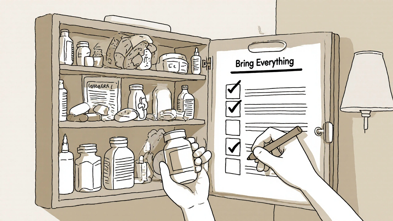 Medicine cabinet filled with pills and supplements next to a checklist, highlighting the need to bring everything.