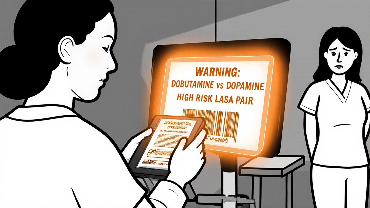 Nurse scanning a medication barcode with a warning alert on screen for Dopamine and Dobutamine mix-up risk.