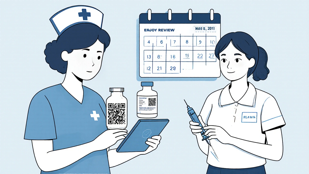 Nurse scanning medication QR code on tablet while aide prepares epinephrine injector