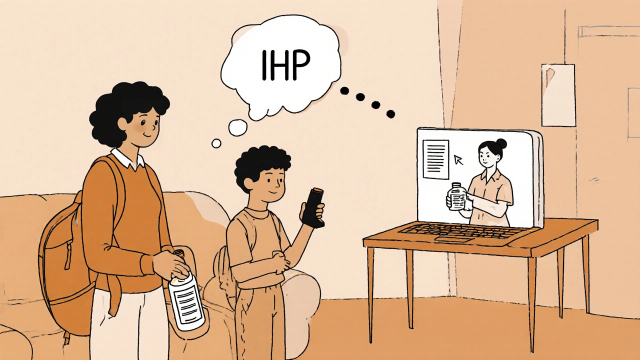 Parent packing labeled medication for child with school nurse reviewing IHP digitally