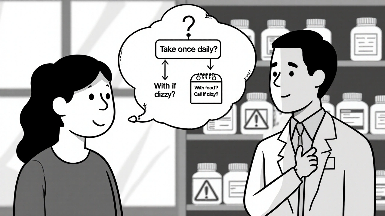 Patient repeating medication instructions to a pharmacist, with a simple flowchart showing key questions.