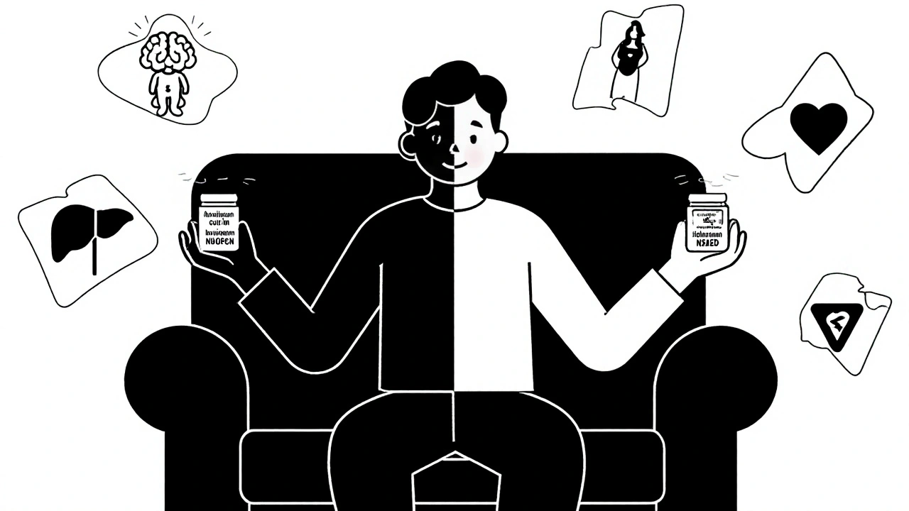 Person holding both pain relievers with split-body icons showing brain and inflammation effects.