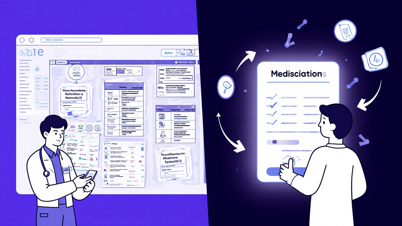 Pharmacist approving safe drug substitution on EHR while doctor faces cluttered prescriptions.