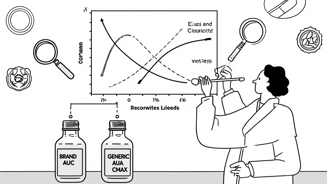 Scientist testing generic and brand drugs with matching blood concentration curves.