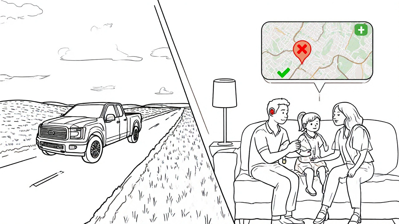 Split illustration showing a rural family traveling to a clinic versus enjoying remote hearing care at home with a tablet.