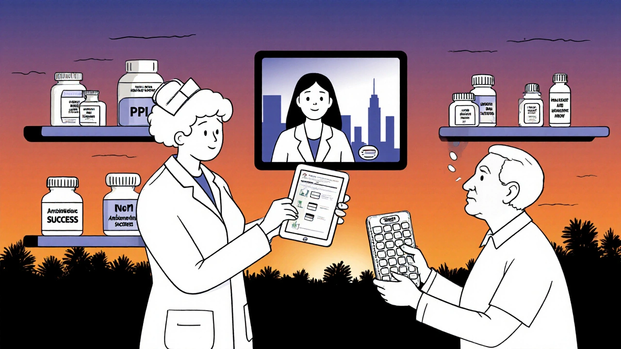 Telepharmacist guiding rural nurse through medication review via video call, senior patient nearby.