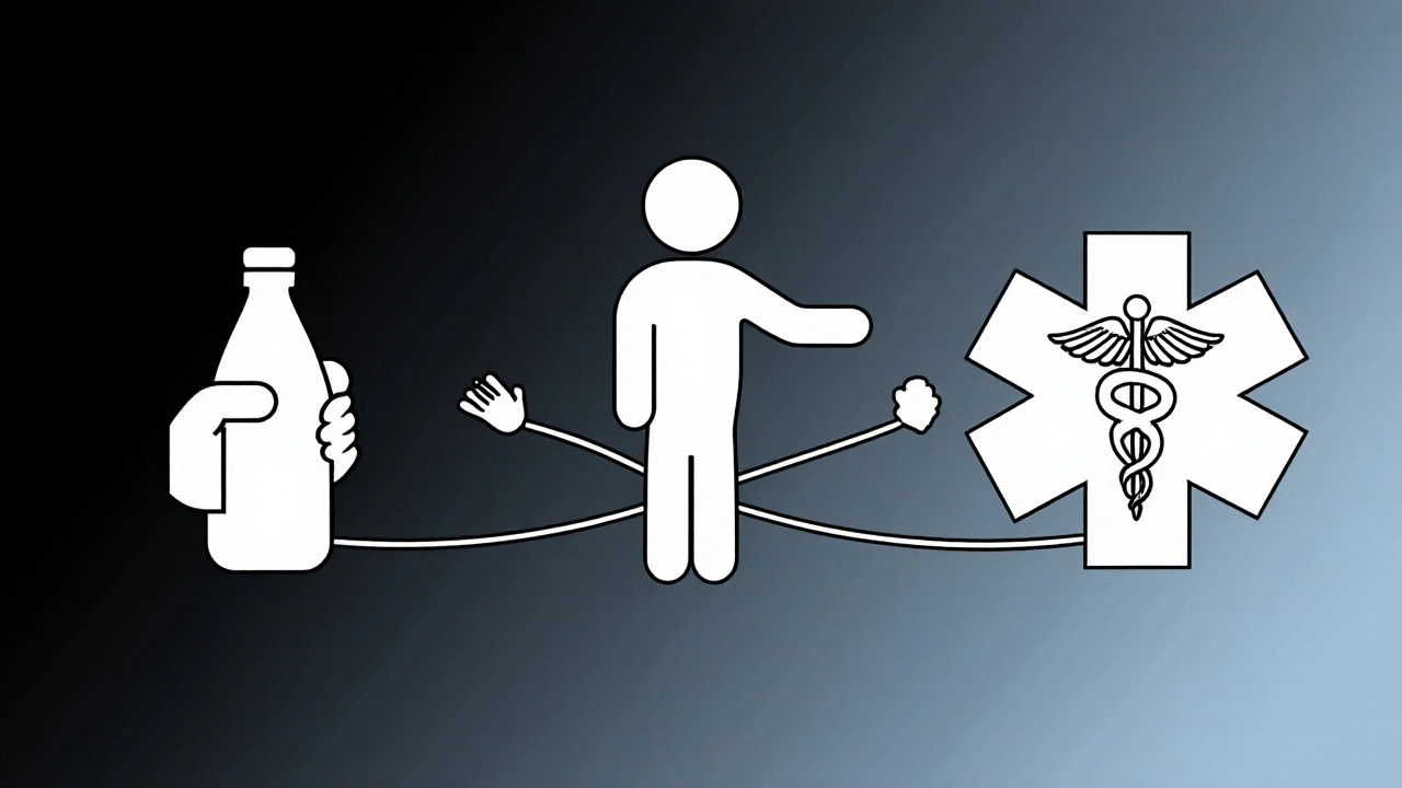 Three figures connected by a single line — one with a bottle, one reaching out, one beside a medical symbol — representing the path from dependence to recovery support.