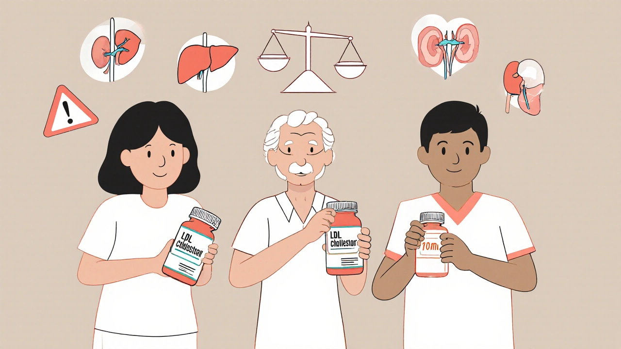 Three patients with different rosuvastatin doses, accompanied by organ icons representing side effect risks.