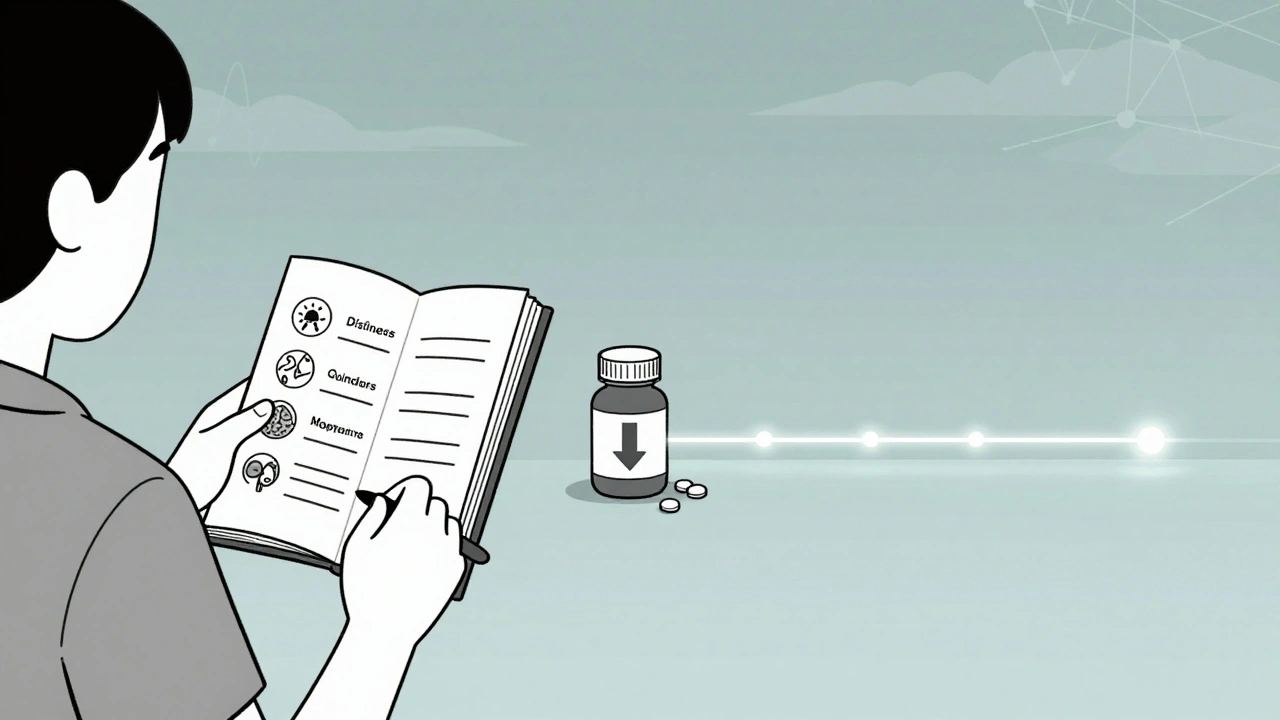 A person tracking withdrawal symptoms in a journal beside a gradually reducing pill bottle.