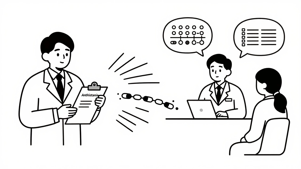 A pharmacist identifying drug-induced itch patterns with connected pills and a patient, drawn in minimalist black lines.