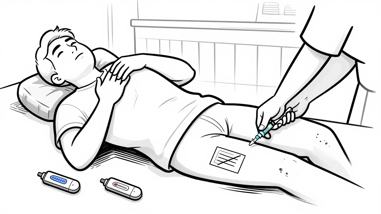 Adult having anaphylaxis in restaurant as bystander administers epinephrine.