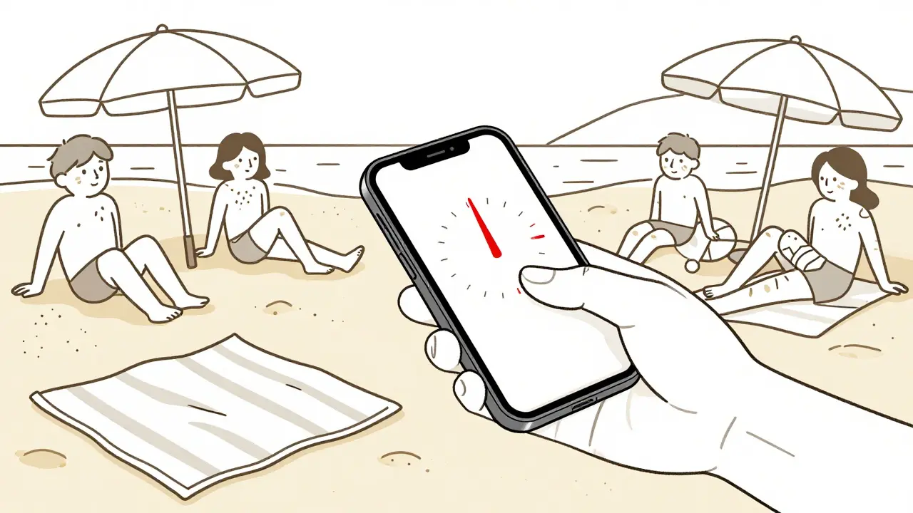 Beachgoer reapplying sunscreen at 2 PM while others suffer sunburn.