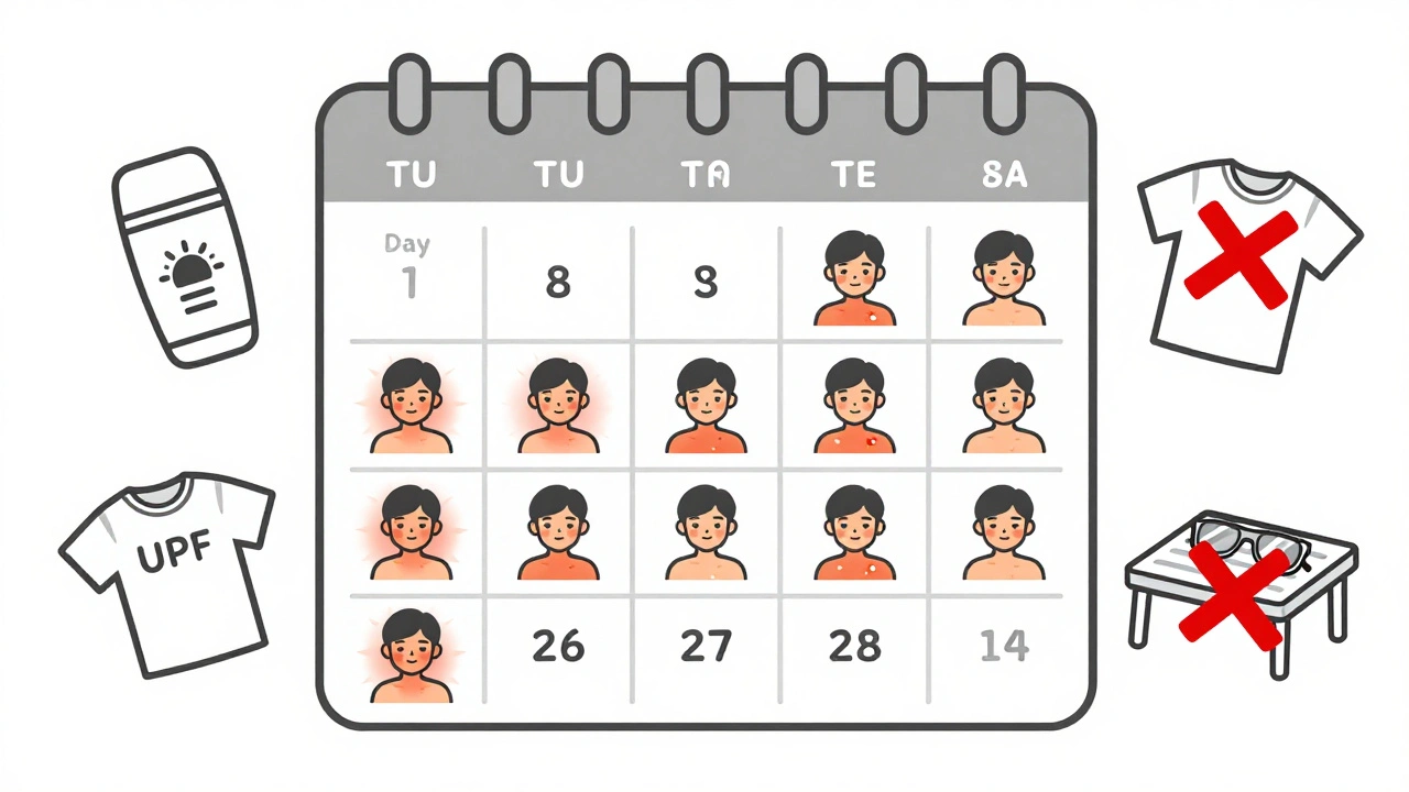 Calendar showing 14-day sun sensitivity period after stopping antibiotics with protective icons