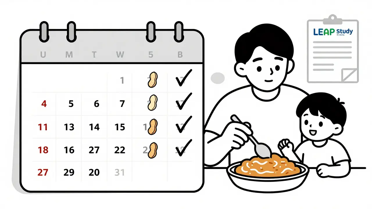 Calendar showing weekly peanut introduction from 4 to 12 months