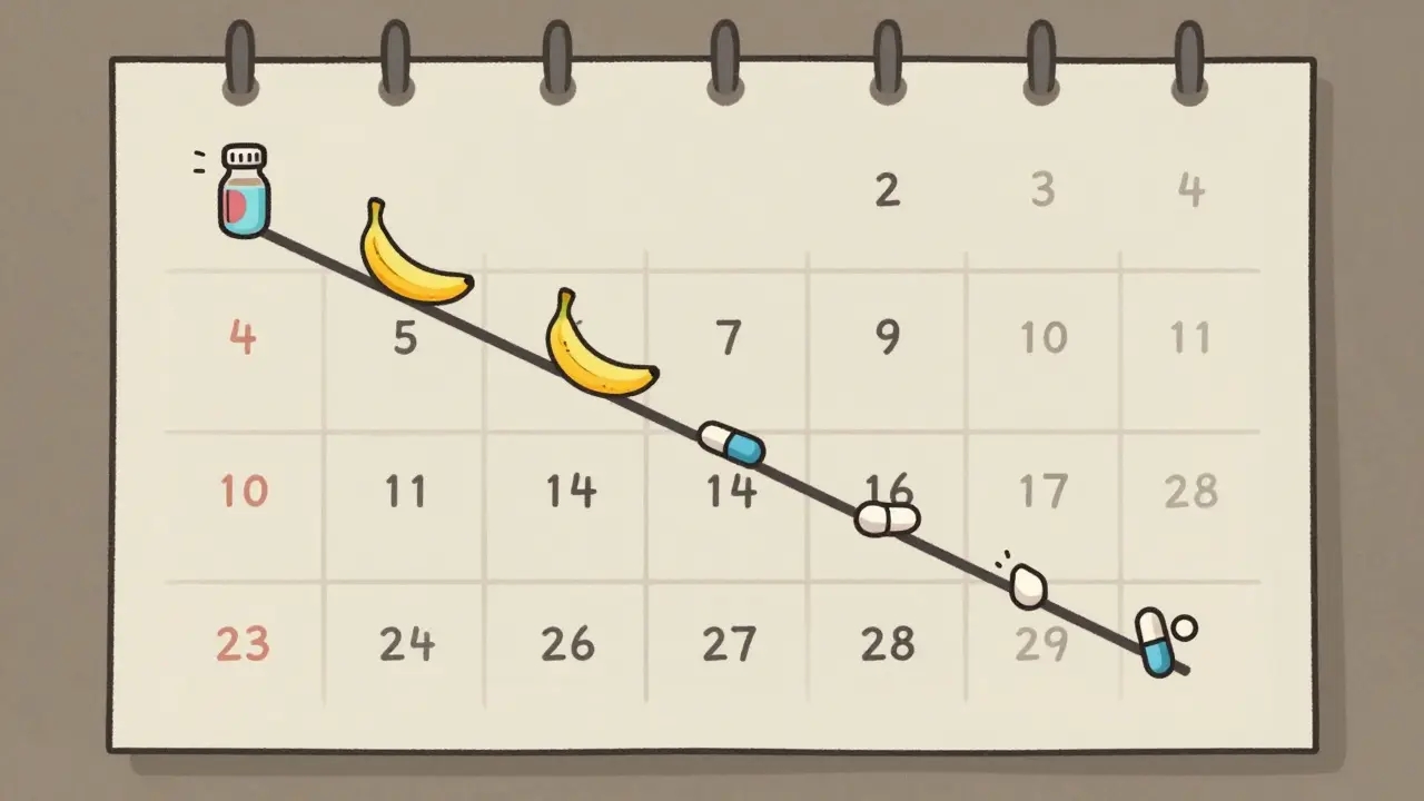 Calendar timeline showing diarrhea symptoms improving over 14 days with helpful interventions