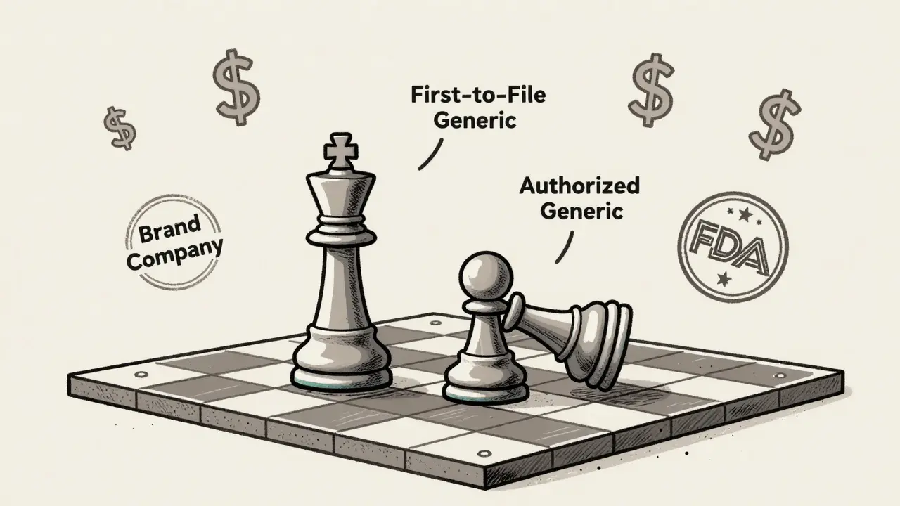 Chessboard with brand and generic pieces in play, an authorized generic pawn capturing the first-filer king.