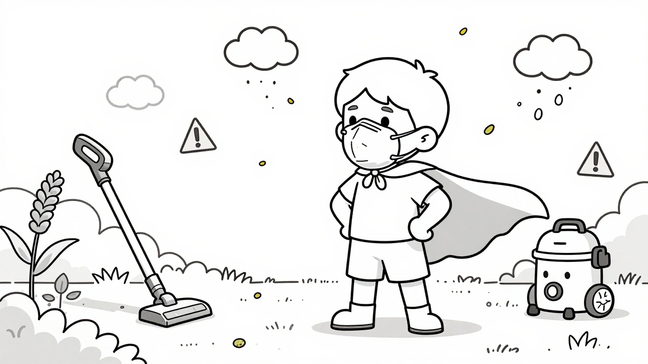 Child wearing N95 mask in a pollen-filled backyard with HEPA vacuum nearby