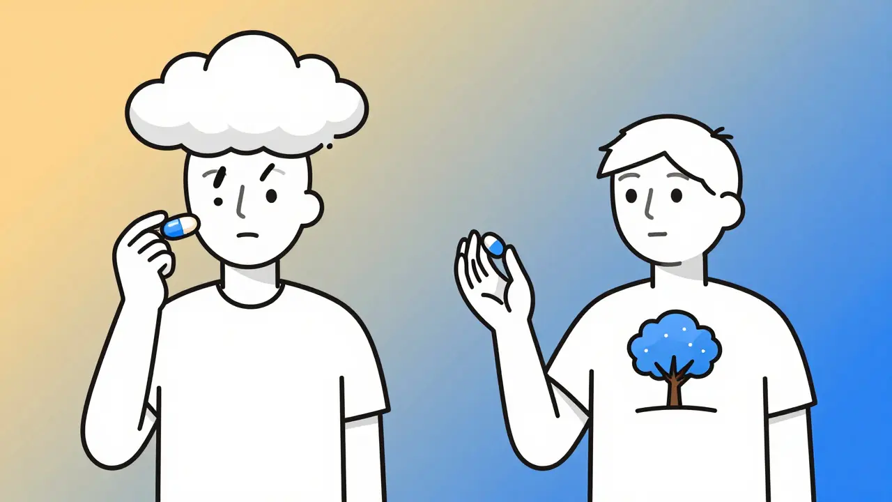 Contrasting figures representing stimulant and non-stimulant ADHD treatments with symbolic clouds and trees.