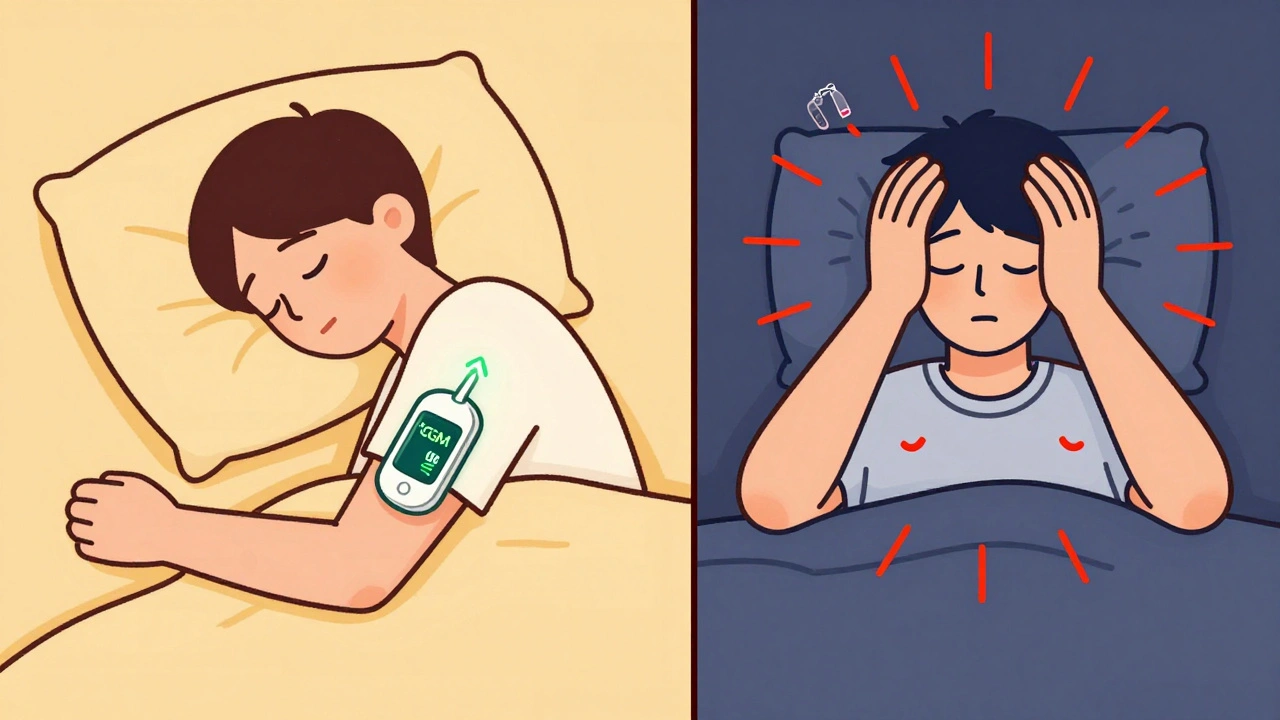 Contrasting peaceful and distressed scenes of someone managing diabetes at night.