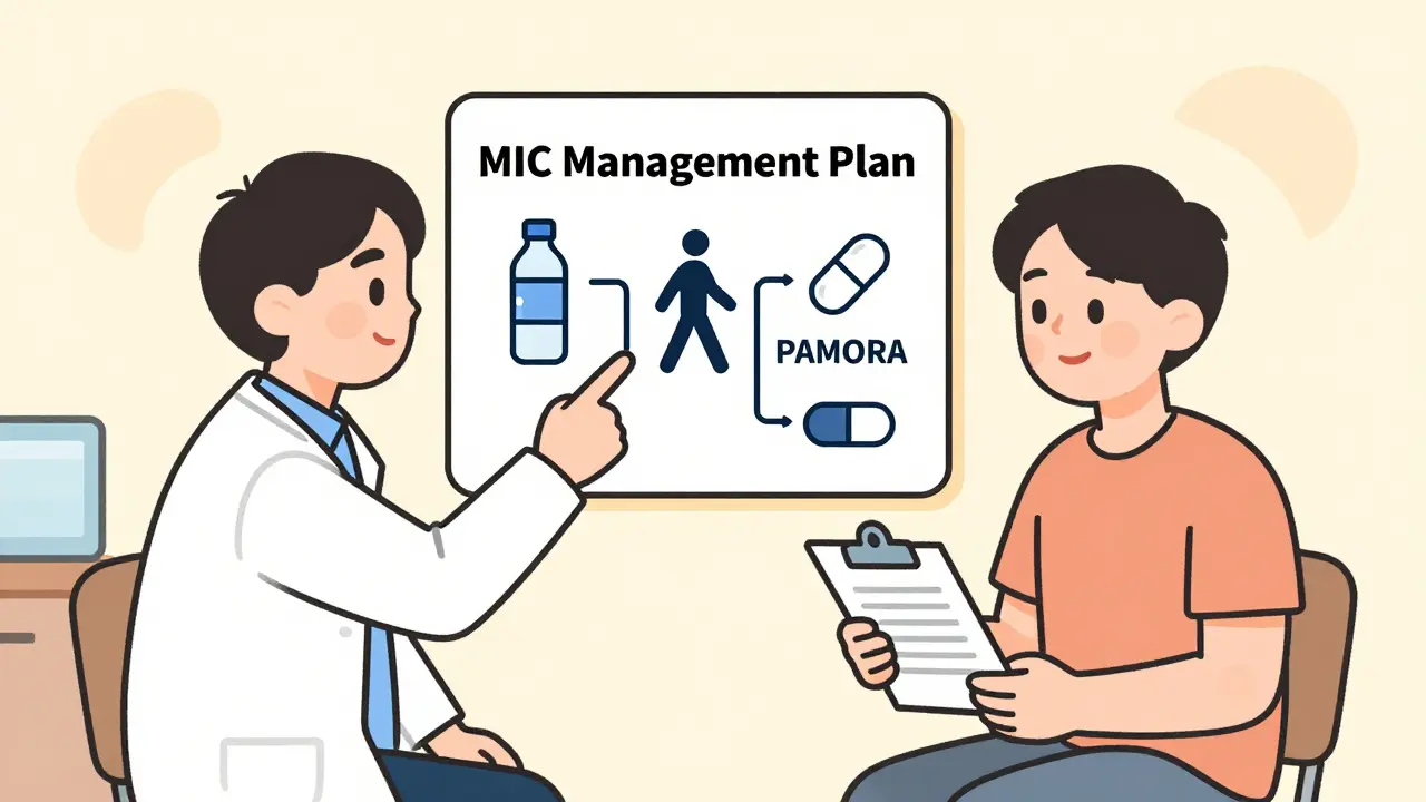 Doctor and patient reviewing a constipation management plan with icons for water, walking, and medication.