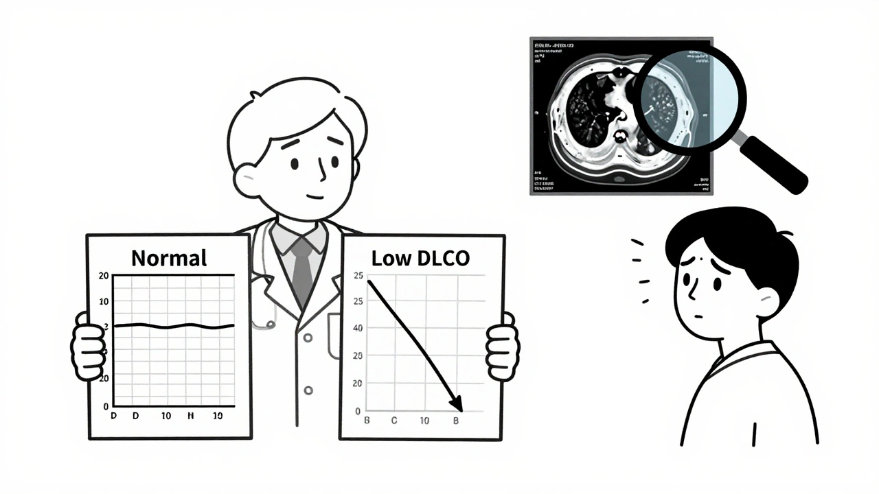 Doctor comparing normal spirometry with low DLCO results, revealing hidden lung disease behind a CT scan.