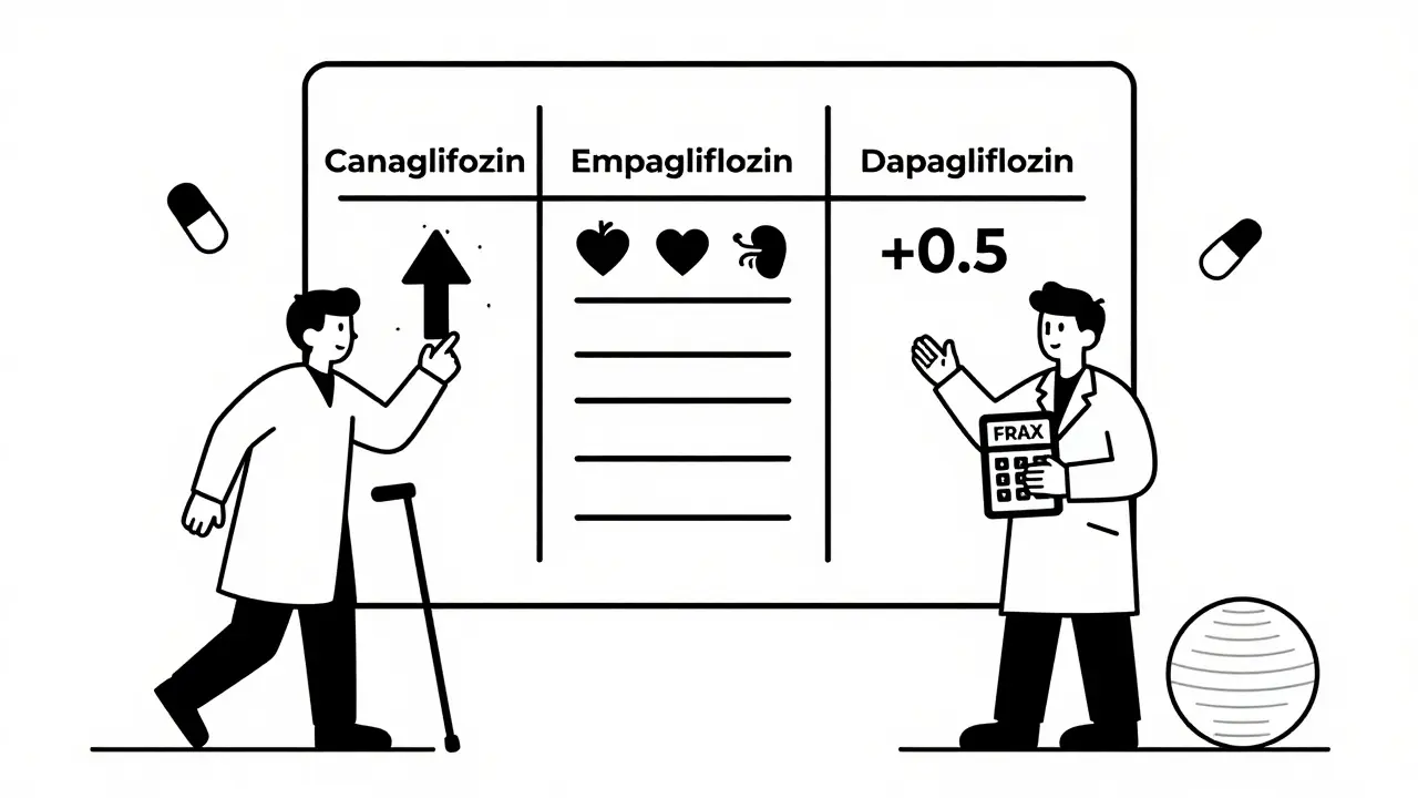 Doctor explaining fracture risk chart with canagliflozin vs. other SGLT2 inhibitors.