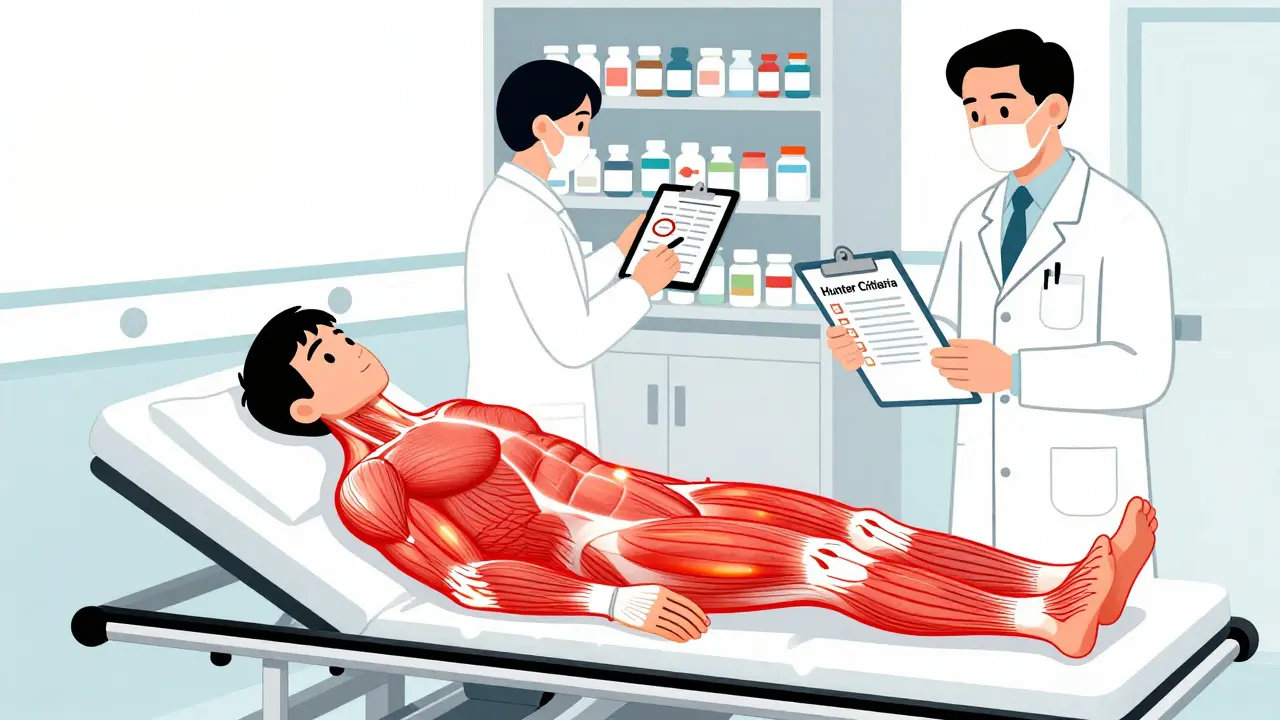 ER patient with overheating outline while pharmacist reviews medication list