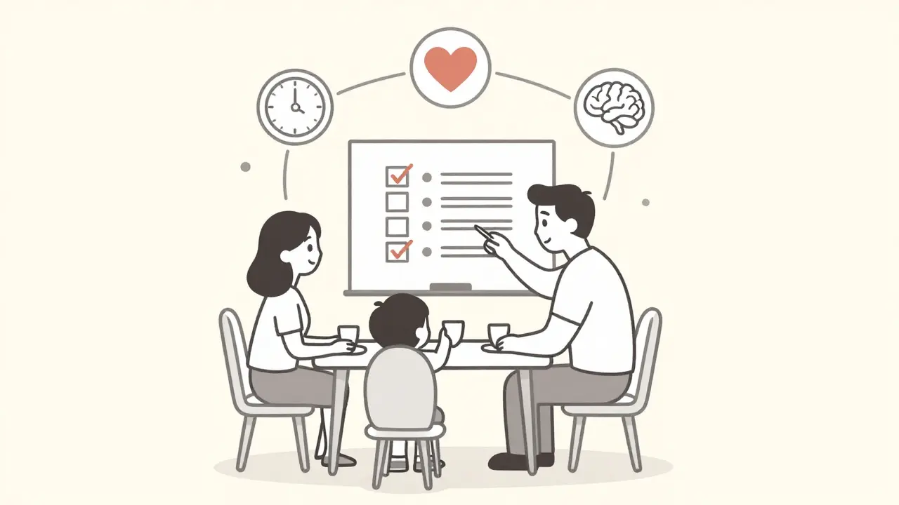 Family using a checklist together, connected icons of brain, clock, and heart floating above.