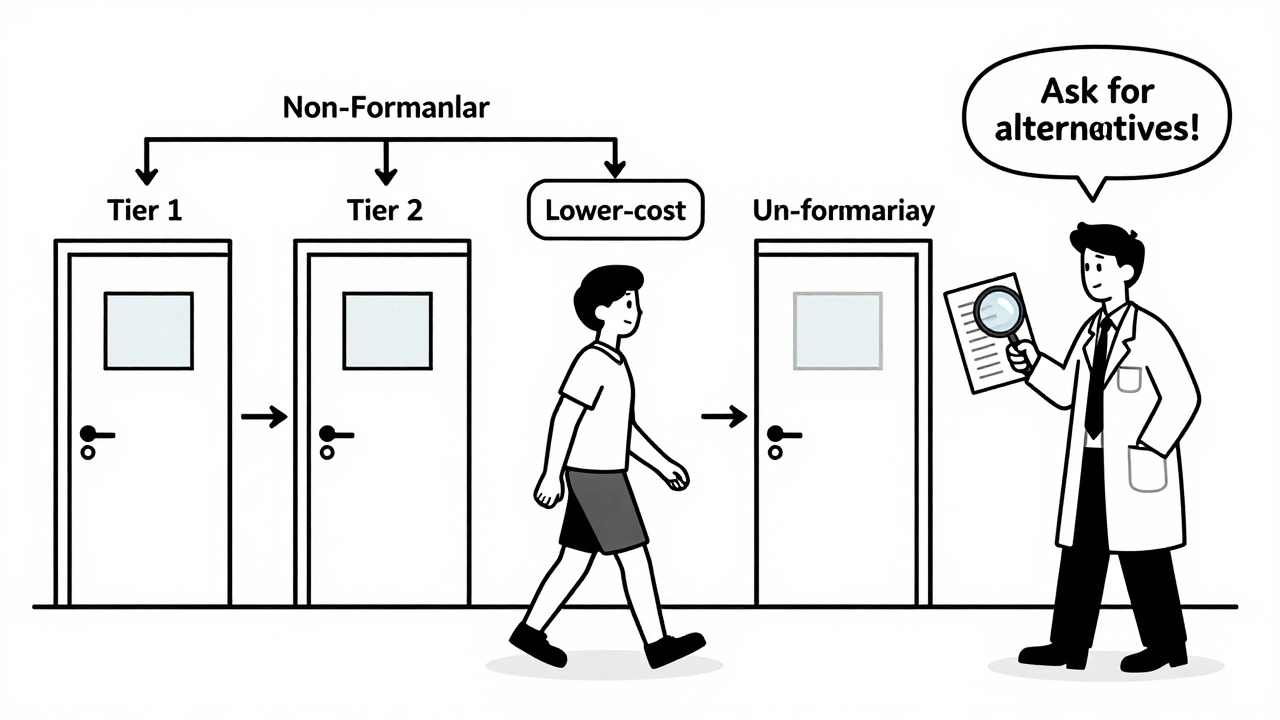 Flowchart showing patient navigating insurance tiers from low to no coverage with doctor guiding