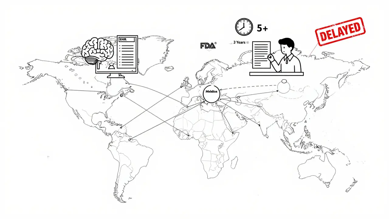 Global map with connected pharmacovigilance systems and AI analyzing data, highlighting delayed post-marketing studies.