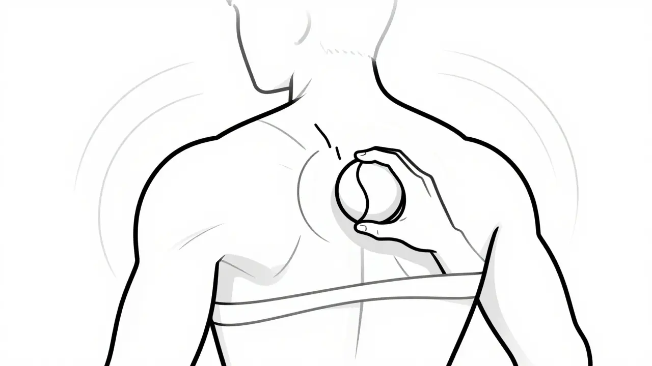 Hand pressing tennis ball on tight muscle band with twitch response line.