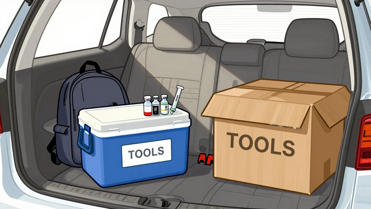 Insulin cooler on car seat during move, with tools in trunk, drawn in monoline style.