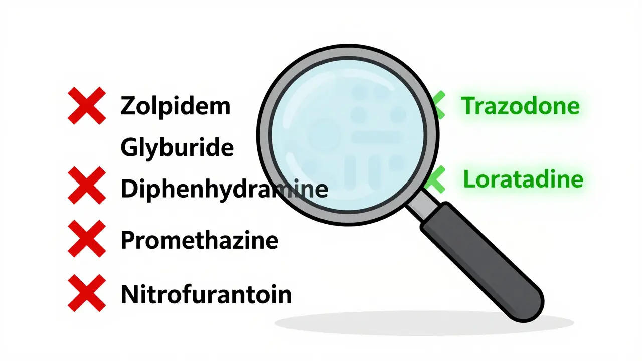 Magnifying glass over high-risk drugs with safer alternatives glowing beside them.