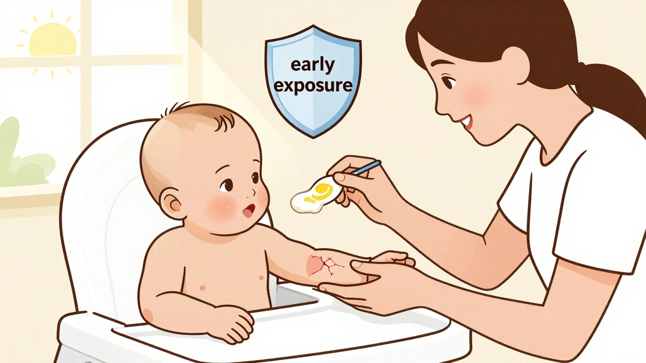 Parent feeding egg to baby with sunlight and petroleum jelly healing eczema.