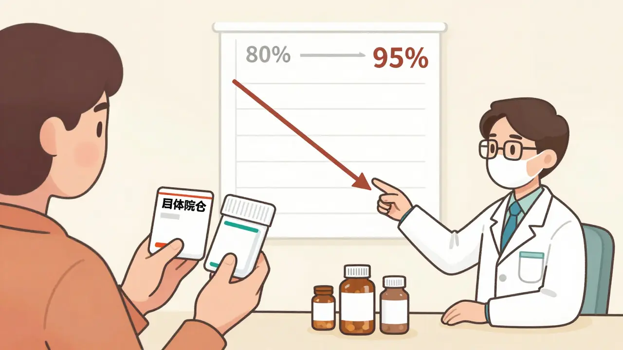 Patient and pharmacist comparing two generic prescriptions as prices drop dramatically on a chart.