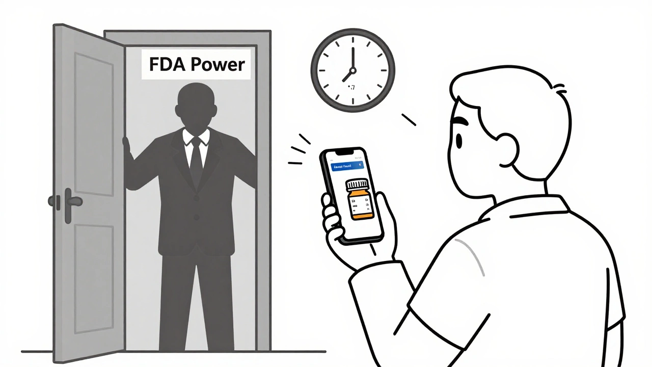 Patient checking recall alert on phone while a corporate figure blocks FDA authority.