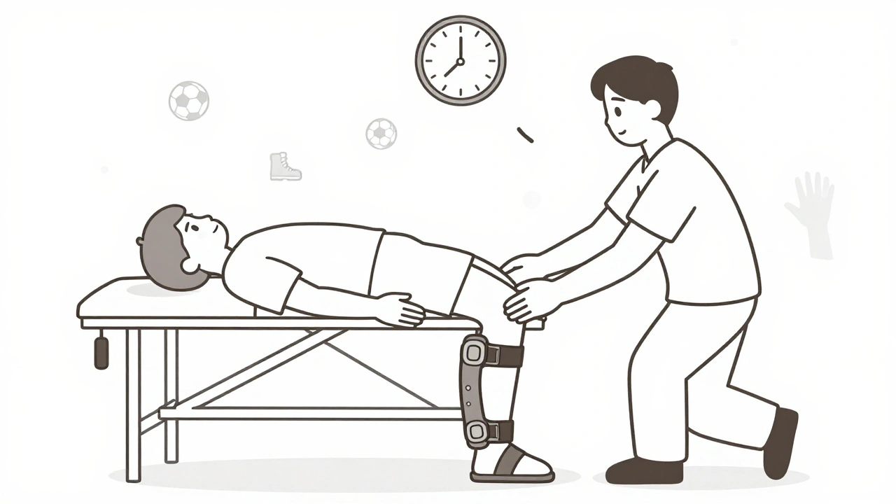 Patient in physical therapy with knee brace and 9-month clock icon
