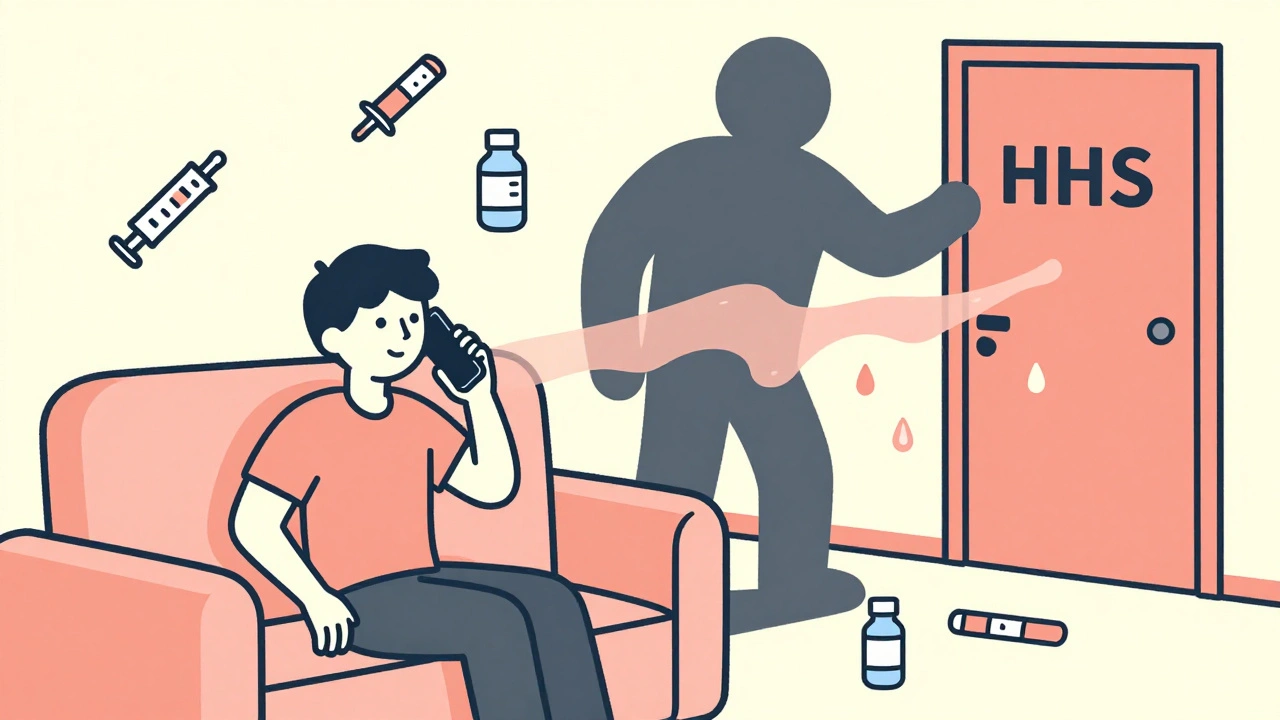 Person calling emergency help as a shadowy danger looms with sugar droplets trailing.